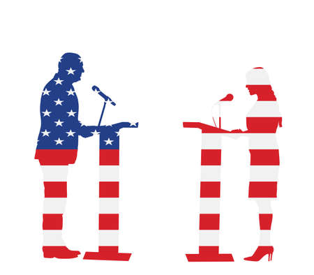 United States of America flag over election campaign vote duel. Public speaker on stage vector silhouette. Politician woman against man meeting. Business man speaking with public talking on microphoneのイラスト素材