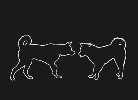 Siberian Husky dog couple in love, vector line contour silhouette illustration. Akita Inu breed. Beware of purebred, dog show champion. Alert, guard attention. Lovely pet, family best friend.のイラスト素材