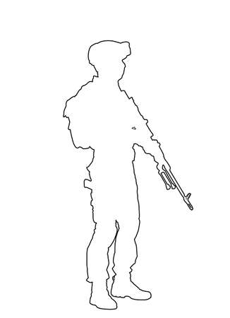 Army soldier with sniper rifle on duty vector line contour silhouette. Soldier keeps watch on guard. Ranger on border.のイラスト素材