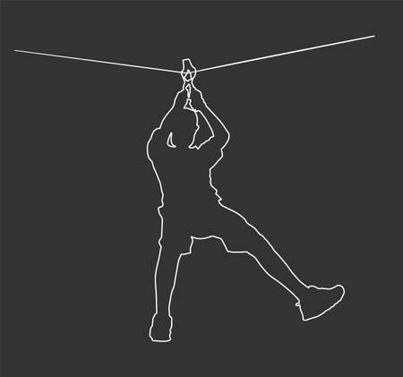 Extreme sportsman took down with rope line. Man climbing vector contour isolated on black. Sport weekend zip line action in adventure park. Rope way for fun, team building. Rescue missionのイラスト素材