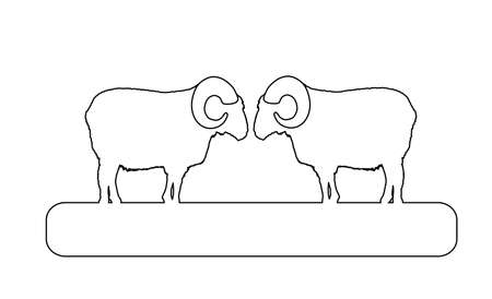 Two bighorn rams on chump fighting vector line contour illustration isolated on white background. Angry and stubborn animal battle. Rams sheep conflict over the wooden bridge.のイラスト素材