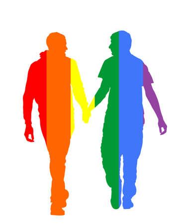 Two homosexual boys walking and hand holding vector silhouette illustration. Handsome gay couple tenderness in public. Hand to hand closeness, man love male. Gay pride flag rights. LGBT concept.のイラスト素材