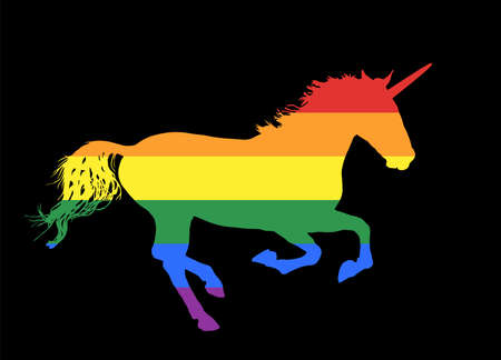 Gay rainbow flag over elegant unicorn horse in gallop vector silhouette illustration isolated on black background. LGBT pride symbol. Homosexual, lesbian, transsexual culture represent freedom libertyのイラスト素材