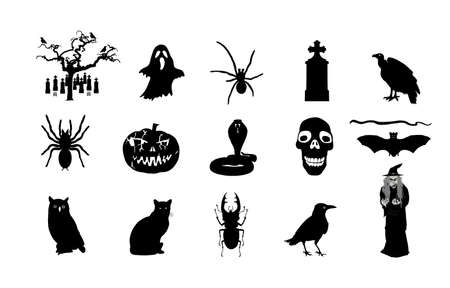 Halloween symbols vector silhouette illustration isolated. Pumpkin scary face laughing. Jack O Lantern. Spooky raven, snake, owl and vulture on graveyard. Scary night three ghost. Black cat and witch.のイラスト素材
