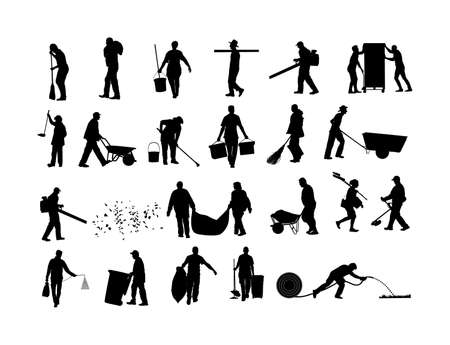 Outdoor workers people. Farmer, gardener, landscaper cleaning service, land watering activity vector silhouette. Grass trimmer cutting. Leaf and garbage collecting, industrial transportation laborerのイラスト素材