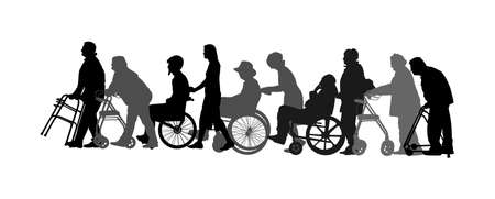 Mature woman pushing strolling with disabled man vector silhouette. Patient in wheelchair isolated on white. Nurse support injured person. Hospital patient with walker rehabilitation recovery activityのイラスト素材