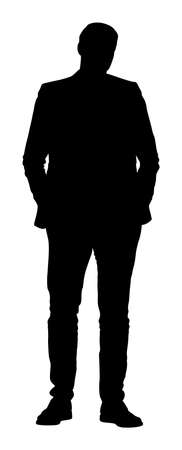 Businessman vector silhouette illustration. Handsome man in suite with hands in pockets. Standing casual pose. Relaxed man, confident leader standing.のイラスト素材