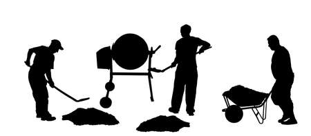Workers crew with shovel put gravel in concrete mixer vector silhouette. Working on construction site. Laborer man with spade digging earth. Digger mining. Industry building new house. Wheelbarrow manのイラスト素材