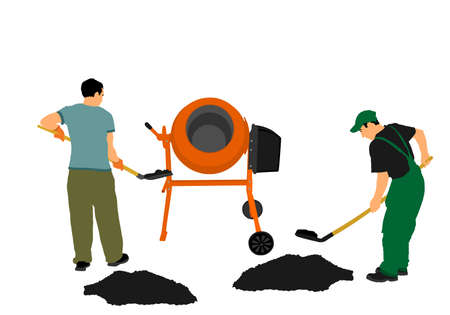 Workers crew with shovel put gravel in concrete mixer vector illustration. Working on construction site. Laborer man with spade digging earth. Digger mining. Manual industry building new house.のイラスト素材
