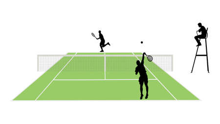 Man tennis players vector silhouette illustration isolated on white background. Tennis match duel with judge on court.
Sport competition. Sportsman recreation after work, anti stress therapy.のイラスト素材