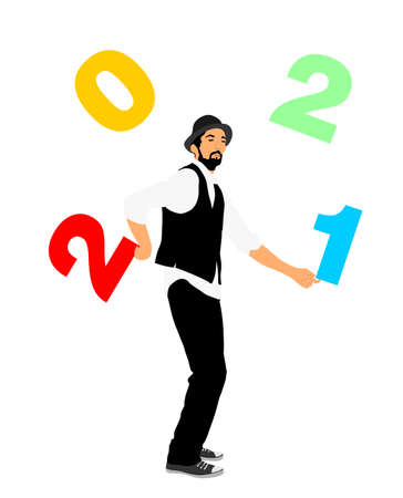 Performer Artist acrobat juggling with numbers. Happy New Year 2021 animator entertainment.  Juggler artist vector illustration isolated on white background. Clown in circus. Street actor jester.のイラスト素材
