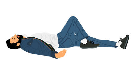 Homeless man sleeping on street in park vector. Migrant resting on ground. Social crises. Refugee...