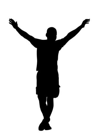 Happy man waving hands vector silhouette illustration isolated on white.  Tourist boy hand wave saying hi. Send off sign. Sport man in summer clothes spread arms for embrace hug.のイラスト素材