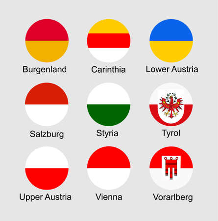 States flags of Austria regions set: Burgerland, Carinthia, Lower Austria, Salzburg, Styria, Tyrol, Upper Austria, Vienna, Vorarlberg flaf.のイラスト素材