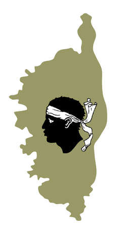 Corsica map and flag, coat of arms vector silhouette illustration isolated on white background, France island territory. South region in France, Europe.のイラスト素材