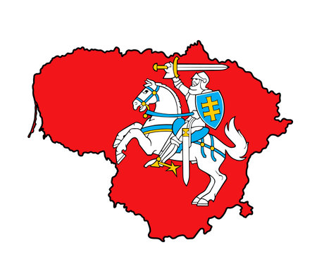 Lithuania map with coat of arms, seal, national emblem, isolated on white background. Vector Coat of arms of Lithuania. Knight with sword and shield riding prance horse.のイラスト素材