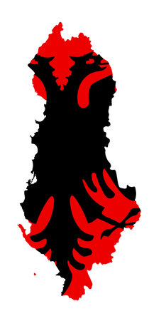 Republic of Albania vector map silhouette and vector flag over map silhouette illustration isolated on white background. Balkan country, state in Europe. Coat of arms of Albania over map.のイラスト素材