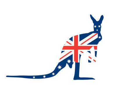 Australian flag over kangaroo vector silhouette illustration isolated on white background. Kangaroo flag Australia.のイラスト素材