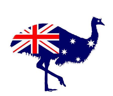 Australian flag over emu bird vector silhouette illustration isolated on white background. Emu flag Australia.のイラスト素材