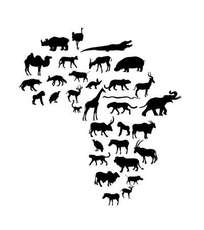 Continent map of Africa vector silhouette with wild animals. Travel invitation card for Africa nature. Savannah safari trip tourist attraction with giraffe, lion, elephant, rhino, hippo, zebra, hyena.のイラスト素材
