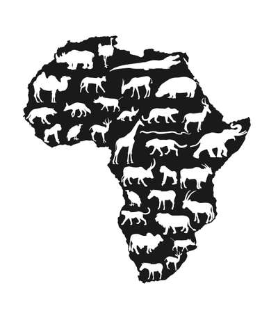 Continent map of Africa vector silhouette with wild animals. Travel invitation card for Africa nature. Savannah safari trip tourist attraction with giraffe, lion, elephant, rhino, hippo, zebra, hyena.のイラスト素材