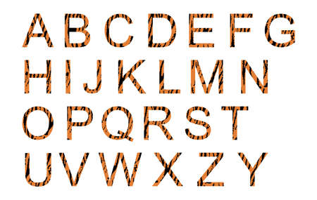Tiger alphabet, vector font with wild pattern vector illustration isolated on white background. Animal words print, tiger letters sign.のイラスト素材
