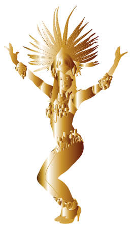Brazil carnival dancer vector silhouette isolated on white background. Rio De Janeiro street carnival entertainment. Attractive lady in luxury costume. Gold woman sensual erotic dance entertainment.のイラスト素材