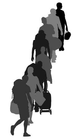 Passengers with luggage walking at airport vector silhouette. Traveler with backpack bags. Man carry baggage. People crowd waiting in line with cargo load, taxi to holiday.Border refugees hiking.のイラスト素材