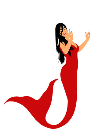 Elegant mermaid vector illustration isolated on white background. Attractive woman from mythology. Siren lady with long tail dancing under the sea.のイラスト素材