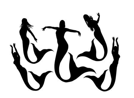 Elegant mermaid vector silhouette illustration isolated on white background. Attractive woman from mythology. Siren lady with long tail dancing under the sea.のイラスト素材