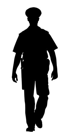Policeman officer on duty vector silhouette illustration isolated on white background. Police man in uniform in patrol on street.  Security service member protect people. Law and order.のイラスト素材