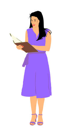 Show host woman speaking on election event vector  illustration. Head announces present news. Announcement of the program. Public speaker lady event presenter standing on stage and reading papers.のイラスト素材