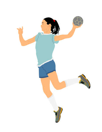 Girl handball player in action with ball vector illustration isolated on white. Woman handball player shoots a penalty. Sport lady jumping in the air.のイラスト素材
