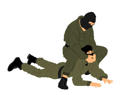 Soldier special force member skill presentation against terrorist enemy vector illustration isolated on white background. Man fighting against aggressor on ground. Combat for life,  Policeman arrestのイラスト素材