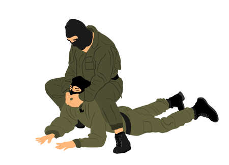 Soldier special force member skill presentation against terrorist enemy vector illustration isolated on white background. Man fighting against aggressor on ground. Combat for life,  Policeman arrestのイラスト素材