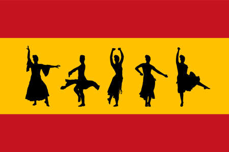 Attractive Spanish girl flamenco dancer vector silhouette over Spain flag. Hispanic woman with castanets in hot dance. Traditional folklore in Spain. Sensual salsa lady in  movement culture performer.のイラスト素材