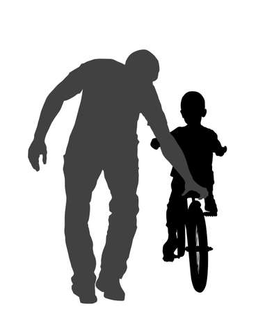 Happy family, father teaching his son riding a bicycle vector silhouette illustration isolated on white background. Dad teaches little boy to ride a bike. Fathers day. Outdoor sport and recreation.のイラスト素材
