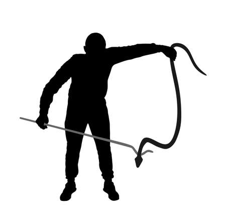 Brave man catching snake with stick vector silhouette illustration isolated on white background. Poison snake control. Deadly venom snake serpent catch for medicine pharmacy. Removal danger intruder.のイラスト素材