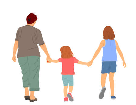 Grandmother walking with grandchildren hold hands vector illustration. Happy family outdoor enjoy. Boy and girl with granny. Brother and sister closeness. Babysitter senior woman with kids.のイラスト素材