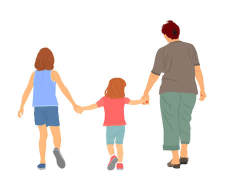 Grandmother walking with grandchildren hold hands vector illustration. Happy family outdoor enjoy. Boy and girl with granny. Brother and sister closeness. Babysitter senior woman with kids.のイラスト素材