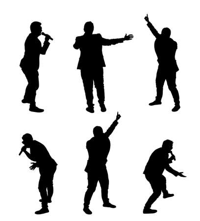 Popular singer super star vector silhouette illustration isolated on white background. Attractive music artist on stage. Singer woman artist karaoke concert. Microphone in hands. Showman performance.のイラスト素材
