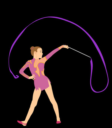 Grace ballet dancer girl vector illustration figure performance isolated on black background. Gymnastic flexible woman in leotard. Rhythmic Gymnastics lady with ribbon. Athlete woman in gym exercise.のイラスト素材