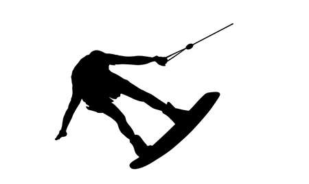 Water skiing vector silhouette illustration isolated on white. Water ski sport. Summer time on beach. Ski acrobat on the sea. Lifeguard water patrol on duty. Kite surfer or parasailing. Kite boarding.のイラスト素材
