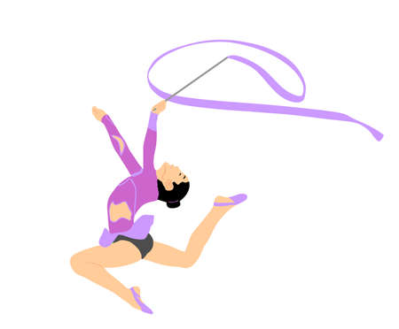 Grace ballet dancer girl vector illustration figure performance isolated on white background. Gymnastic flexible woman in leotard. Rhythmic Gymnastics lady with ribbon. Athlete woman in gym exercise.のイラスト素材