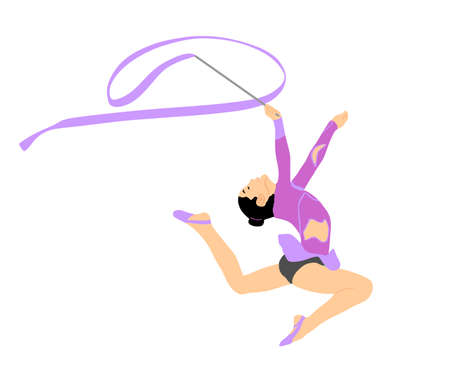 Grace ballet dancer girl vector illustration figure performance isolated on white background. Gymnastic flexible woman in leotard. Rhythmic Gymnastics lady with ribbon. Athlete woman in gym exercise.のイラスト素材