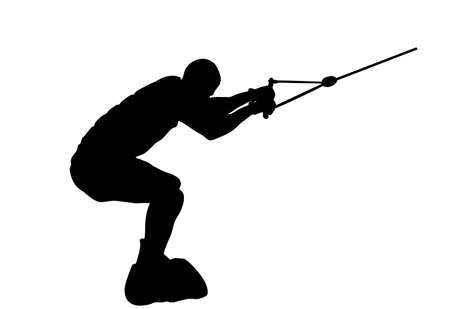 Water skiing vector silhouette illustration isolated on white. Water ski sport. Summer time on beach. Ski acrobat on the sea. Lifeguard water patrol on duty. Kite surfer or parasailing. Kite boarding.のイラスト素材