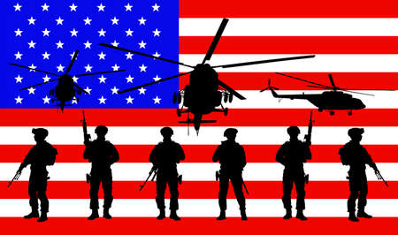 Army soldiers unit with rifles on duty over United States of America flag vector illustration. USA protect force with helicopter unit watch guard. Patriot unit save border of country against terrorismのイラスト素材