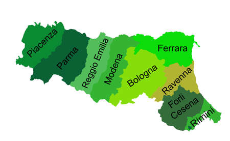 Emilia Romagna vector map silhouette with provinces isolated on white background. Italy territory map. Italian  region with borders.のイラスト素材