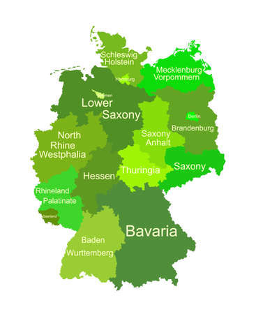Germany map vector silhouette illustration isolated on white background. Deutschland autonomous communities. High detailed Green Germany map regions administrative divisions, separated provinces map.のイラスト素材