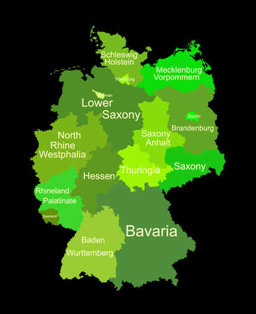 Germany map vector silhouette illustration isolated on black background. Deutschland autonomous communities. High detailed Green Germany map regions administrative divisions, separated provinces map.のイラスト素材